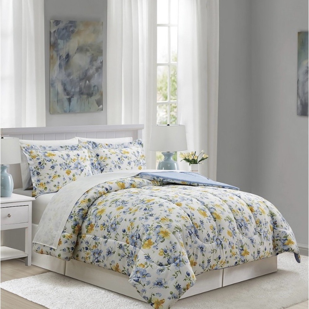 Blue and Yellow Floral Comforter Set - Soft Garden Print Bedding8 piece Full bed